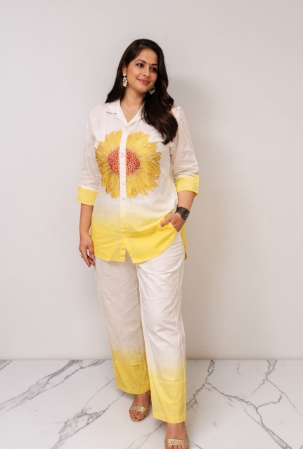 White & Yellow Sunflower Print Kurta Shirt with Palazzo Pants – Women’s Casual Summer Co-ord Set