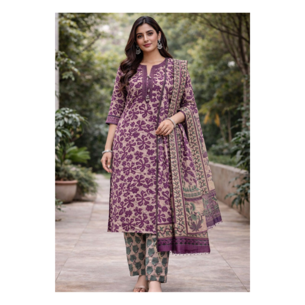 Purple Floral Printed Kurta Pant Set with Dupatta – Elegant Ethnic Cotton Suit