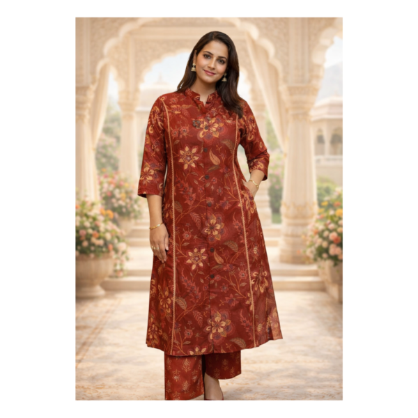 Dusky Red Floral Print Kurta Set with Palazzo – Elegant Women’s Ethnic Wear