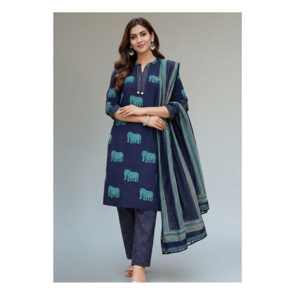 Navy Blue Elephant Print Kurta Pant Set with Dupatta – Elegant Ethnic Cotton Suit