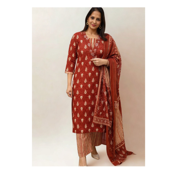 Rust Red Printed Kurta Pant Set with Dupatta – Elegant Ethnic Cotton Suit