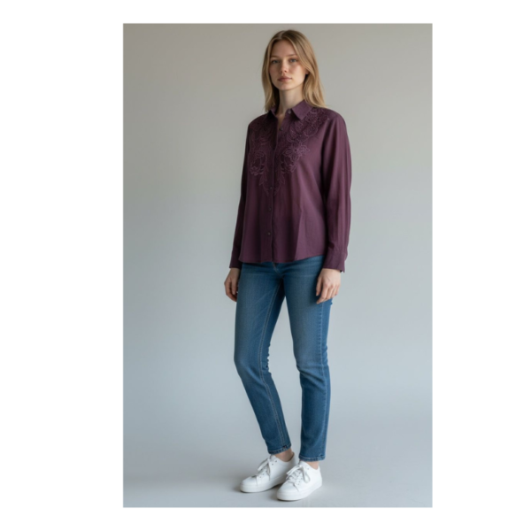 Elegant Purple Embroidered Button-Down Shirt for Women – Premium Casual & Office Wear