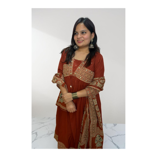 Rust Red Embroidered Ethnic Kurti Set with Dupatta for Women – Festive & Casual Wear