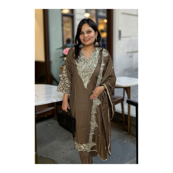 Olive Brown Embroidered Kurta Set with Dupatta
