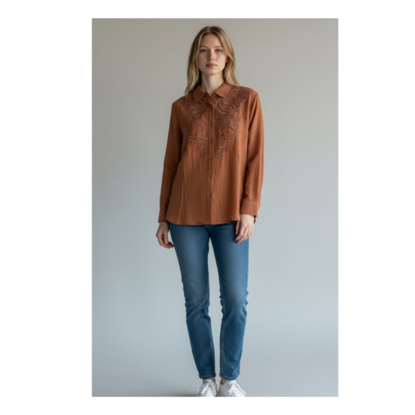 Elegant Rust Embroidered Button-Down Shirt for Women – Premium Casual & Office Wear