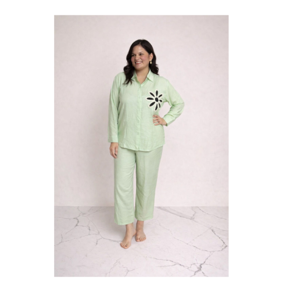 Mint Green Floral Accent Co-Ord Set for Women – Premium Relaxed Fit Shirt & Cropped Pants