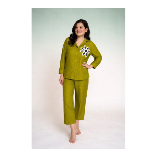 Olive Green Floral Accent Co-Ord Set for Women – Premium Relaxed Fit Shirt & Cropped Pants