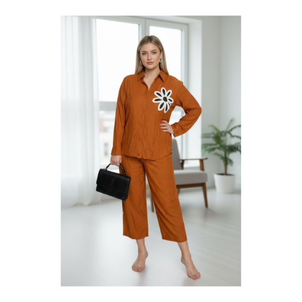Rust Orange Floral Accent Co-Ord Set for Women – Premium Relaxed Fit Shirt & Cropped Pants