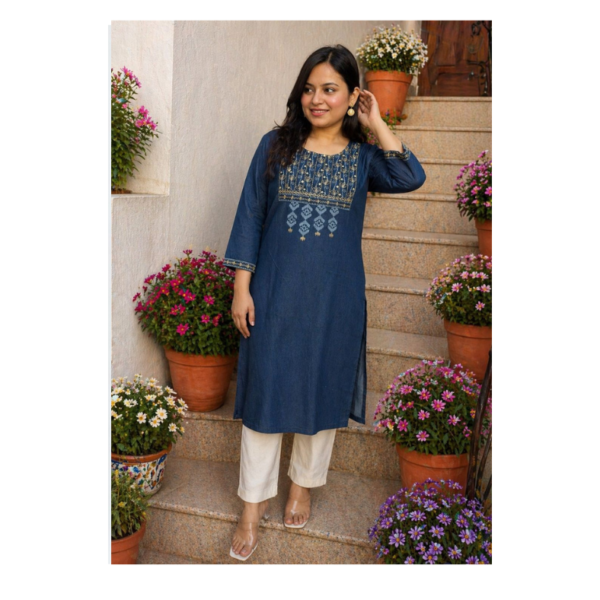 Navy Blue Embroidered Straight Kurta for Women – Elegant Ethnic Cotton Kurti
