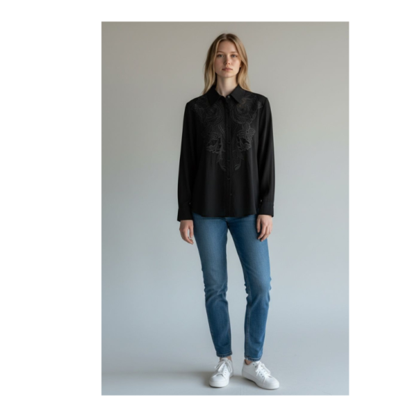 Black Embroidered Button-Down Shirt for Women – Elegant Casual & Office Wear