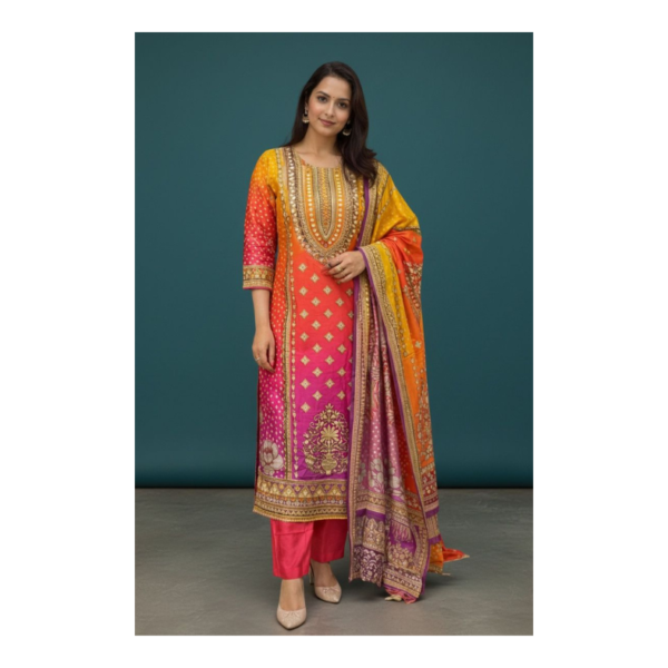 Designer Multicolor Embroidered Suits Set with Banarasi Dupatta