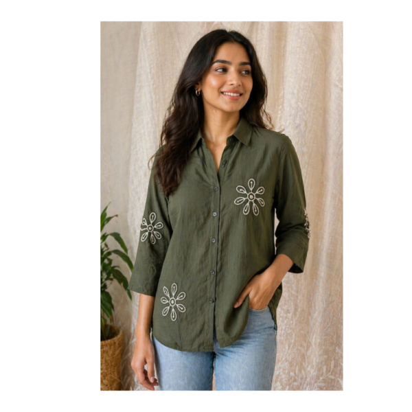 Olive Green Embroidered Cotton Shirt for Women – Casual Chic Everyday Wear
