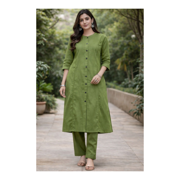 Sage Olive Ladder-Lace Long Kurti – Breathable Linen-Cotton Professional Kurta