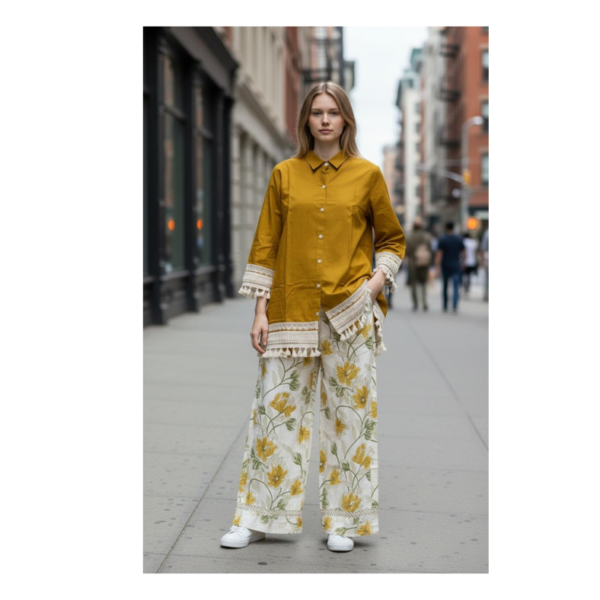 Mustard Floral Co-Ord Set for Women – Stylish Cotton Shirt & Palazzo Set