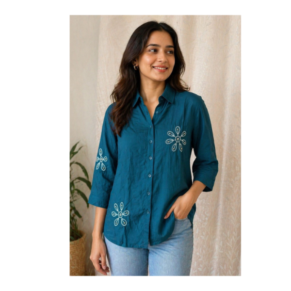 Teal Blue Embroidered Cotton Shirt for Women – Elegant Casual Button-Down Top