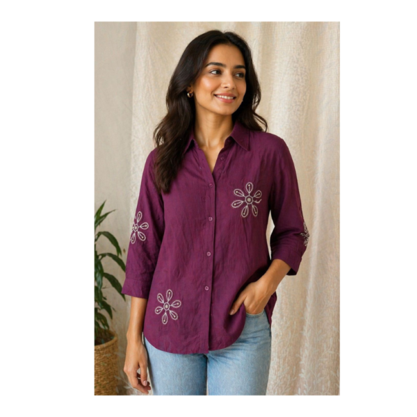 Elegant Wine Purple Embroidered Cotton Shirt for Women – Casual Chic Top