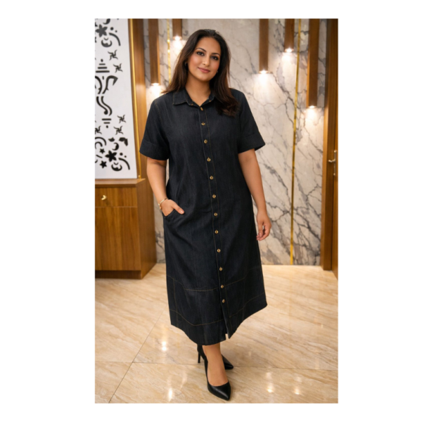 Premium Denim Midi Shirt Dress for Women – Elegant Button-Down Casual Wear