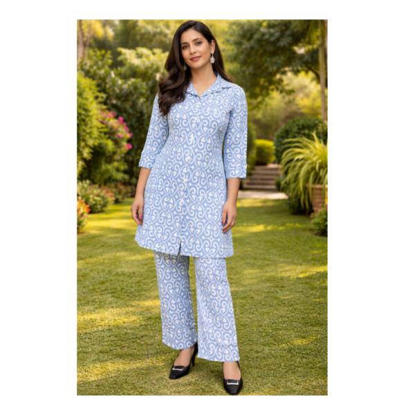 Blue Printed Shirt-Style Kurta Co-ord Set with Straight Pants for Women