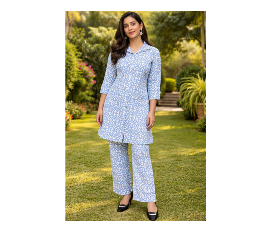 Blue Printed Shirt-Style Kurta Co-ord Set with Straight Pants for Women