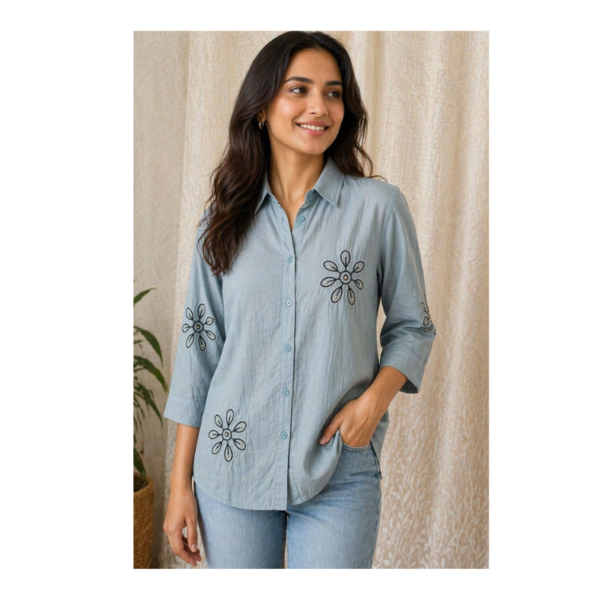 Sky Blue Floral Embroidered Women’s Shirt – Casual & Smart Office Wear Top