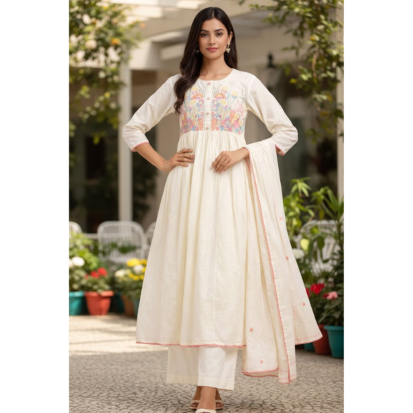 Cotton Anarkali Suit Set with Floral Embroidery & Dupatta