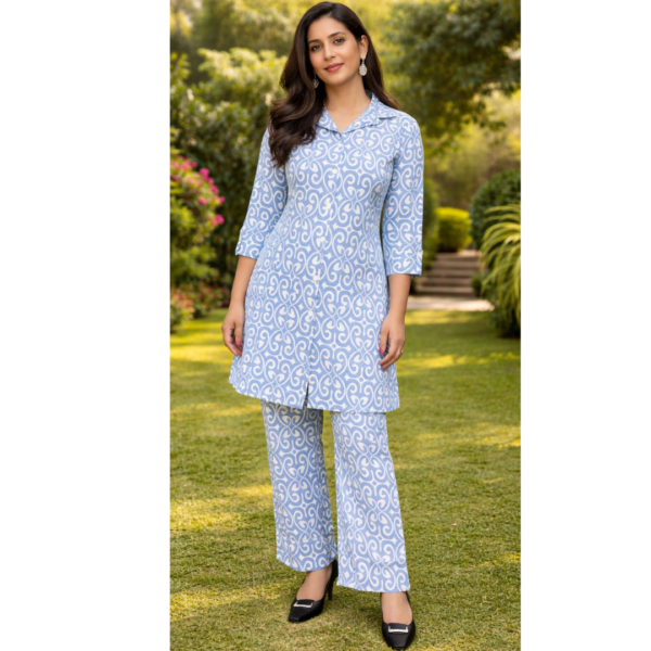 Blue Printed Shirt-Style Kurta Co-ord Set with Straight Pants for Women