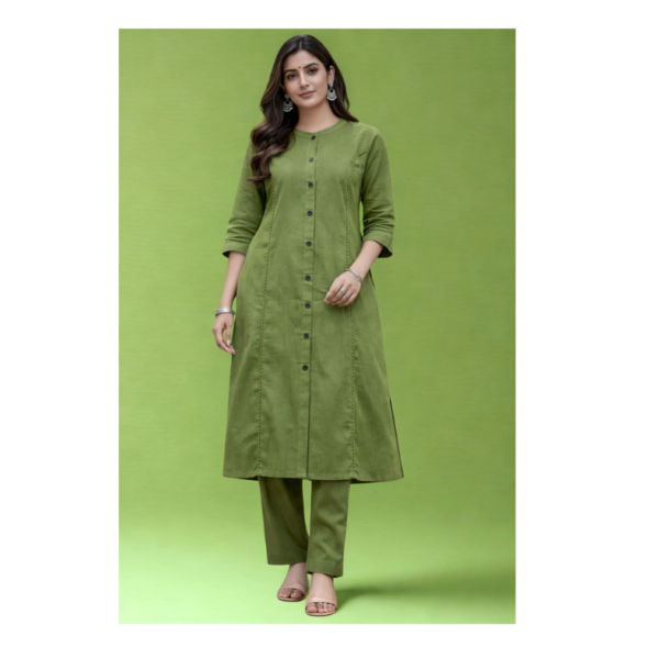 Sage Olive Ladder-Lace Long Kurti – Breathable Linen-Cotton Professional Kurta