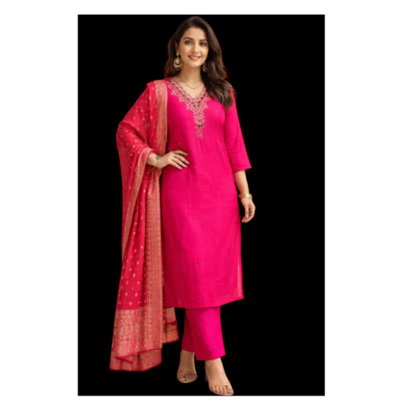 Royal Pink Embroidered suit Set with Jacquard Dupatta
