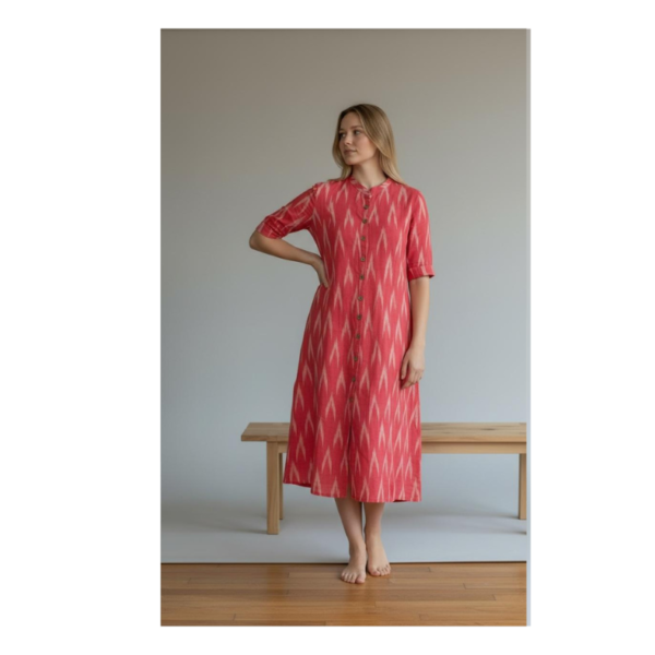 Women’s Premium Pink Ikat Print A-Line Midi Dress