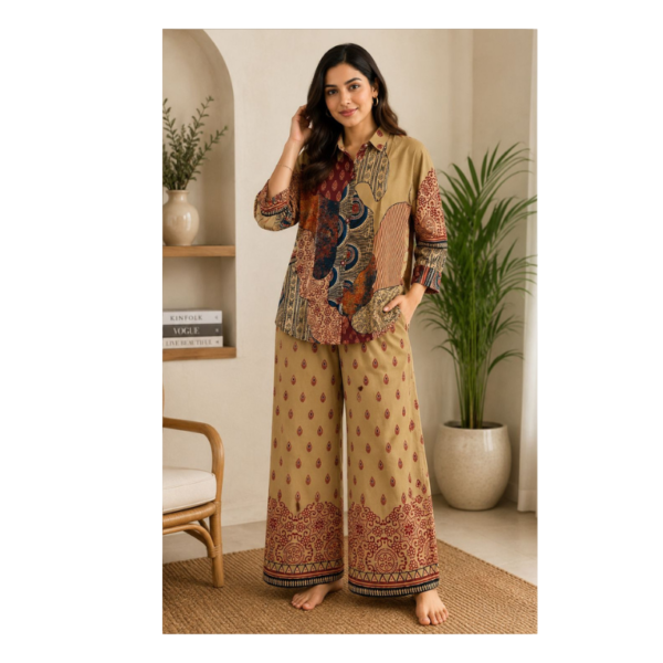 Elegant Printed Co-Ord Set for Women – Premium Ethnic Shirt & Palazzo Lounge Wear
