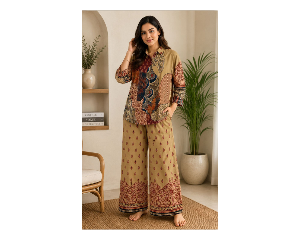 Elegant Printed Co-Ord Set for Women – Premium Ethnic Shirt & Palazzo Lounge Wear