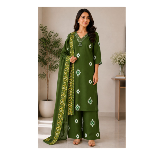 Premium Olive Green Kurta Palazzo Set with Dupatta for Women