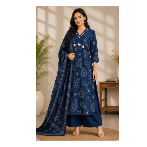 Elegant Navy Blue Printed Kurta Palazzo Set with Dupatta for Women