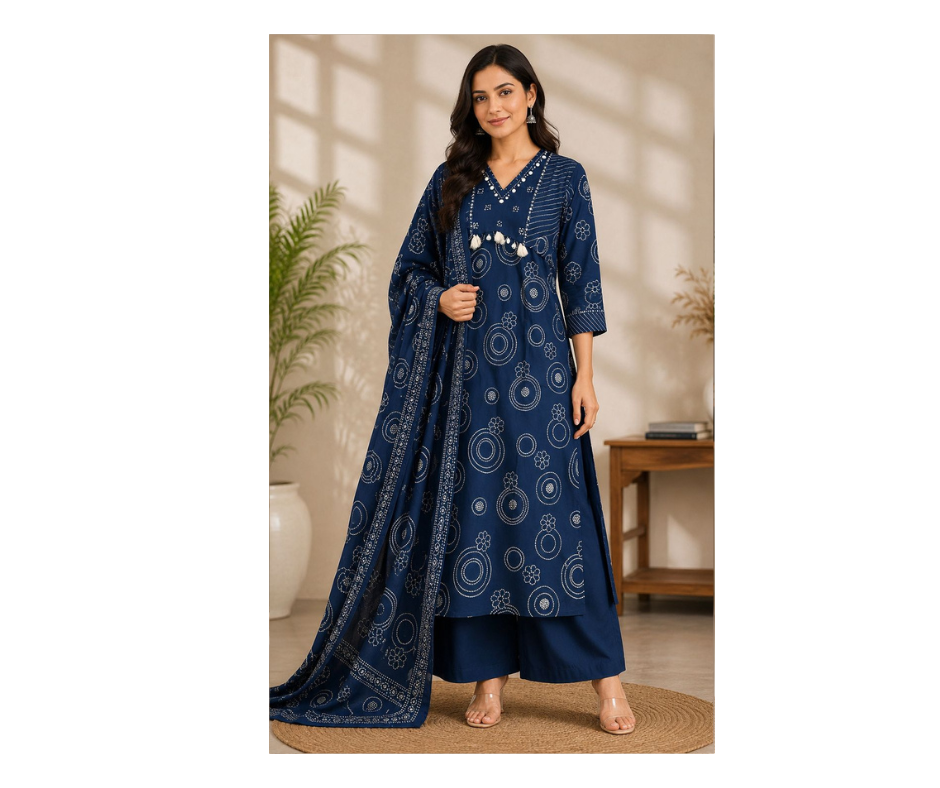 Elegant Navy Blue Printed Kurta Palazzo Set with Dupatta for Women