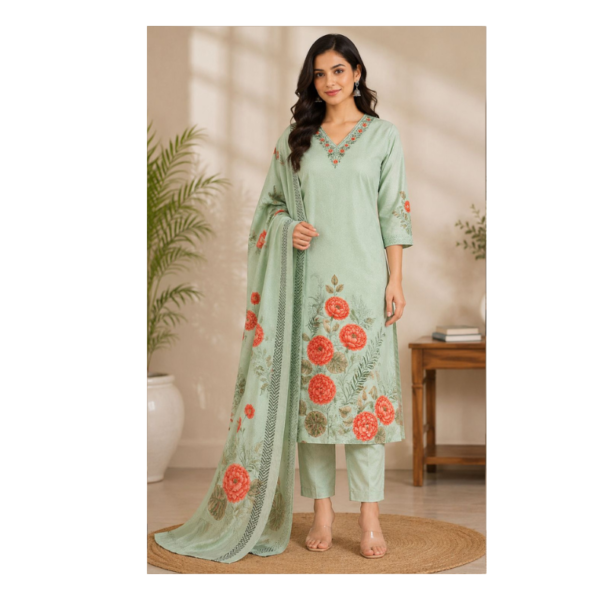 Elegant Mint Green Floral Kurta Pant Set with Dupatta for Women
