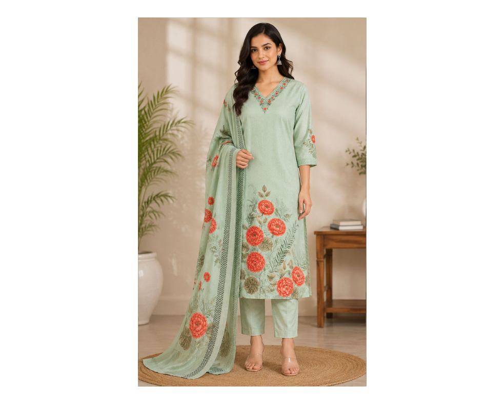Elegant Mint Green Floral Kurta Pant Set with Dupatta for Women