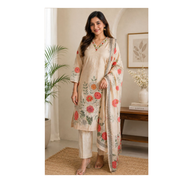 Elegant Beige Floral Kurta Pant Set with Dupatta for Women