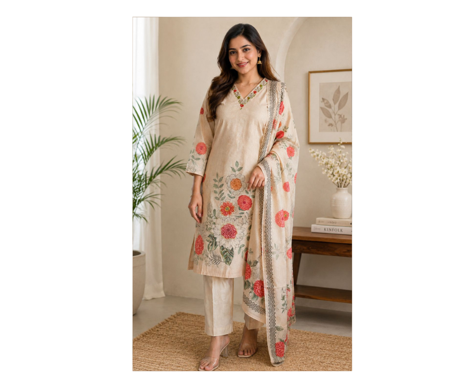 Elegant Beige Floral Kurta Pant Set with Dupatta for Women