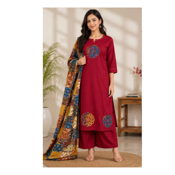 Premium Maroon Embroidered Kurta Palazzo Set with Printed Dupatta for Women