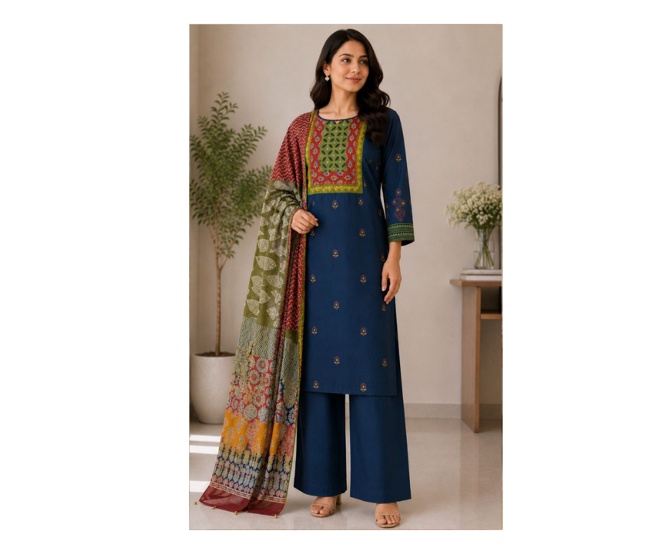 Elegant Navy Blue Printed Kurta Palazzo Set with Designer Dupatta for Women