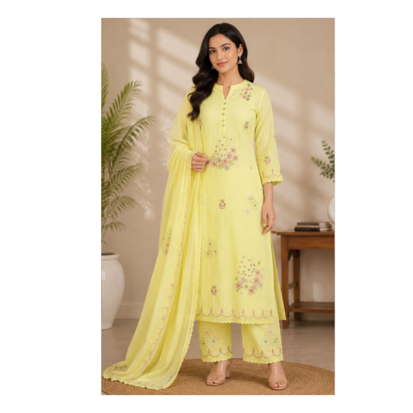 Elegant Lemon Yellow Embroidered Kurta Set with Dupatta for Women | Festive & Ethnic Wear