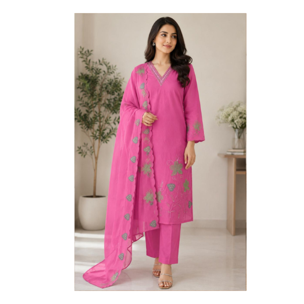 Hot Pink Embroidered Kurta Set with Dupatta for Women – Festive Ethnic Suit