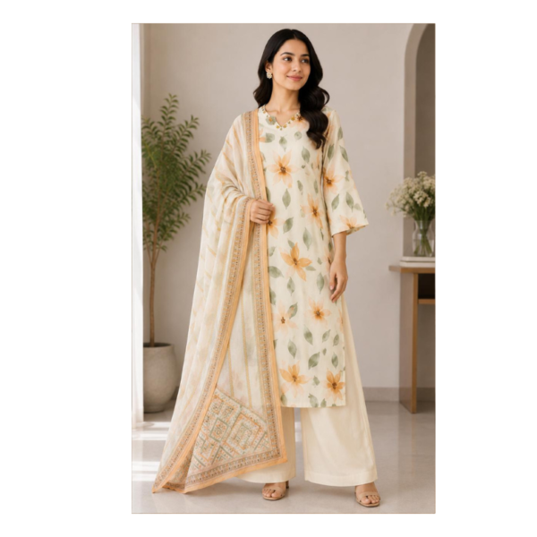 Cream Floral Printed Kurta Set with Dupatta for Women – Elegant Ethnic Palazzo Suit
