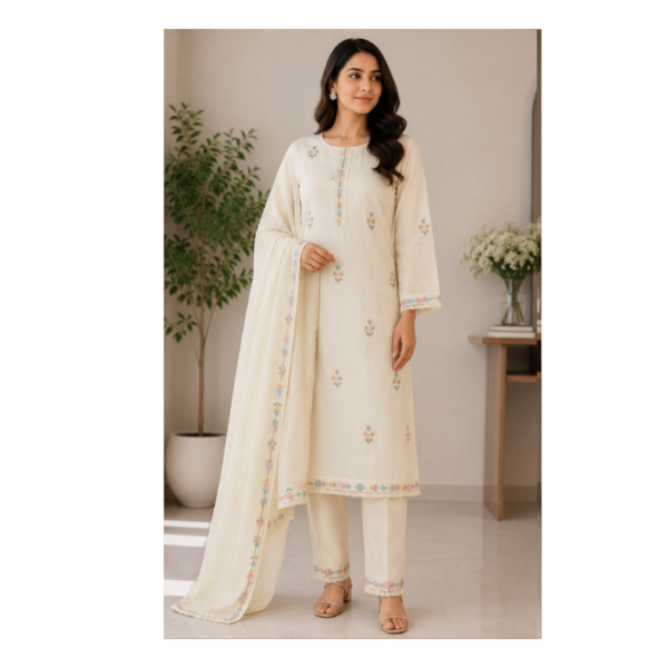 Ivory Embroidered Kurta Set with Dupatta for Women – Elegant Pastel Ethnic Suit