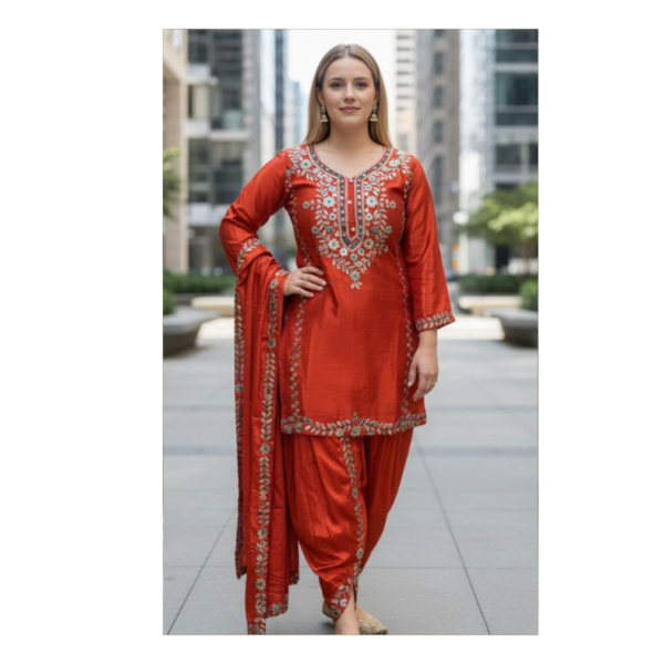 Rust Red Embroidered Patiala Suit Set with Dupatta for Women – Festive Ethnic Wear