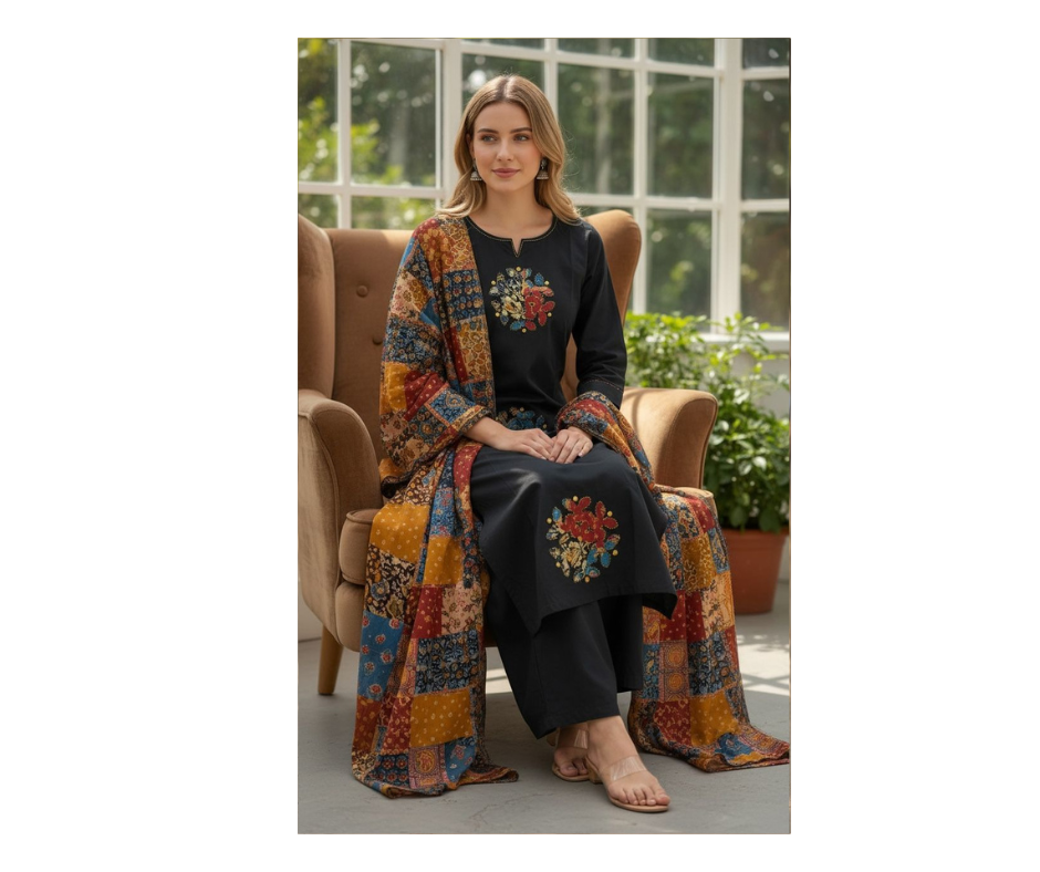 Black Printed Kurta Set with Patchwork Dupatta for Women – Elegant Ethnic Suit - Image 3