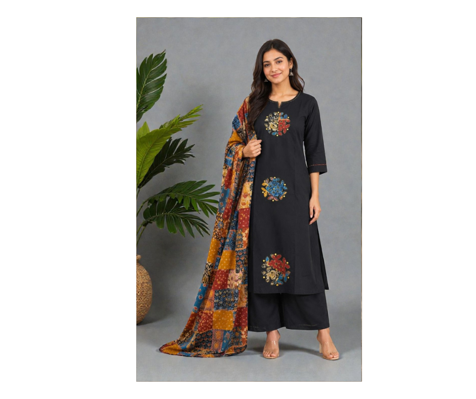 Black Printed Kurta Set with Patchwork Dupatta for Women – Elegant Ethnic Suit - Image 4