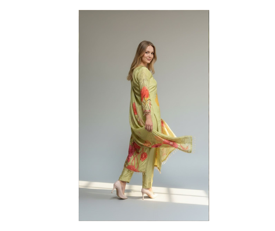 Premium Sage Green Floral Printed Kurta Set with Dupatta for Women - Image 2