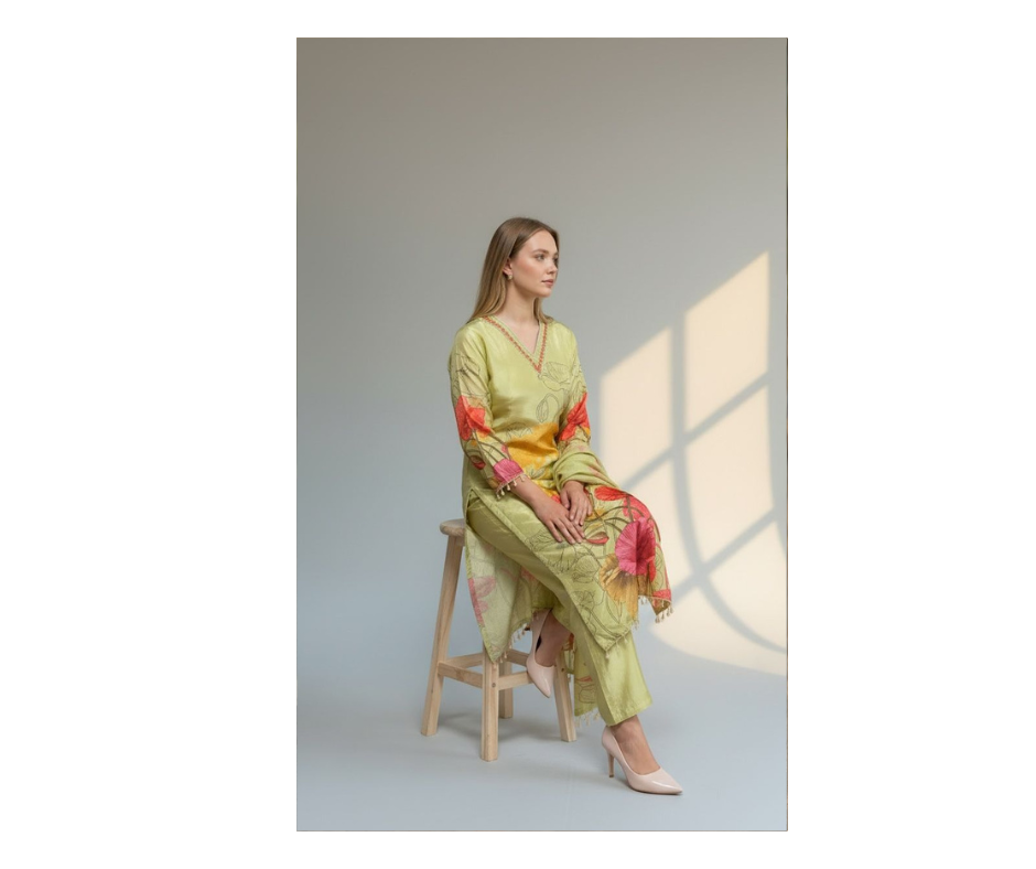Premium Sage Green Floral Printed Kurta Set with Dupatta for Women - Image 3