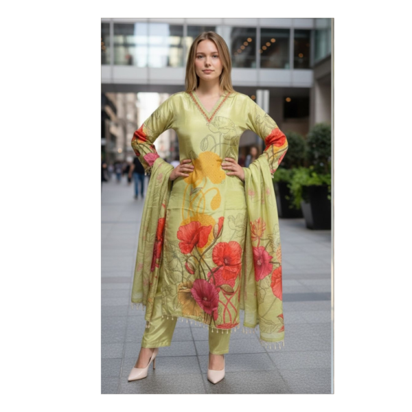 Premium Sage Green Floral Printed Kurta Set with Dupatta for Women